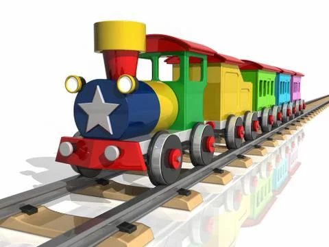 Toy train with multicolored carriages. 3d render Stock Illustration