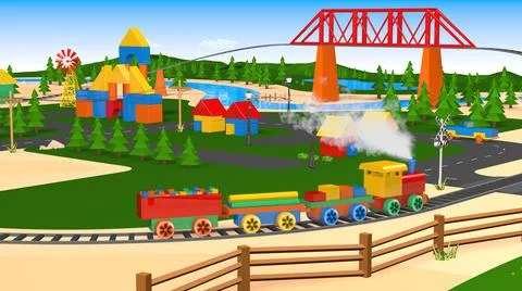 Toy Train Play Set with Bridge Tunnel and Buildings - 3D Illustration Ilustración de archivo