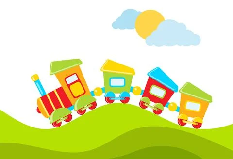A toy train rides against the background of a natural landscape. Vector Stock Illustration