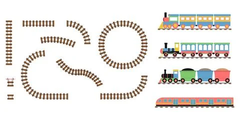Toy train set with railway tracks, locomotive, wagons, passenger and cargo Stock Illustration