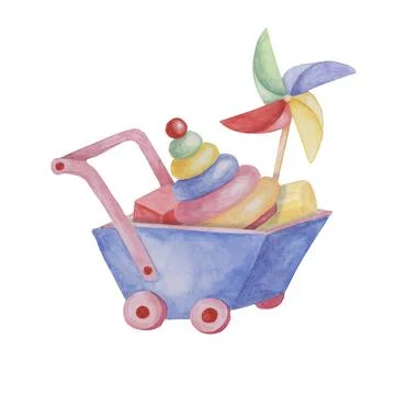 Toy wheelbarrow, stacking rings tower and pinwheel. Retro wind fan, wooden cart Stock Illustration