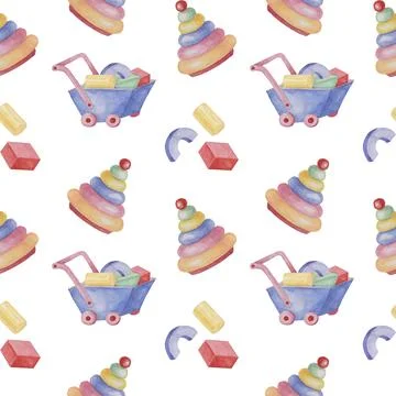 Toy wheelbarrow, stacking rings tower and blocks seamless pattern. Wooden cart Stock Illustration
