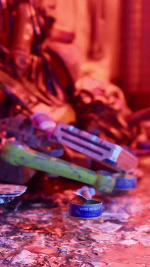 Toys and tools scattered on table in colorful lighting during evening time Stock Footage 331446164