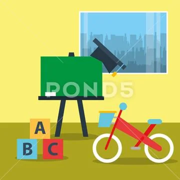 Toys bike blocks alphabet and chalkboard in classroom Stock Illustration