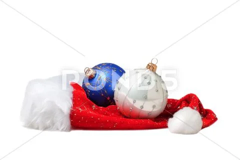 Toys for the christmas tree in the santa hat Stock Photos