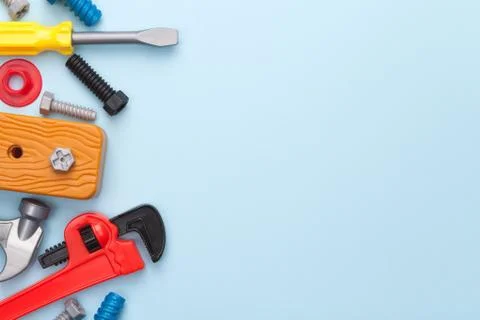 Toys Tools on Blue Background Stock Photos