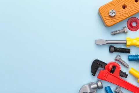 Toys Tools on Blue Background Stock Photos