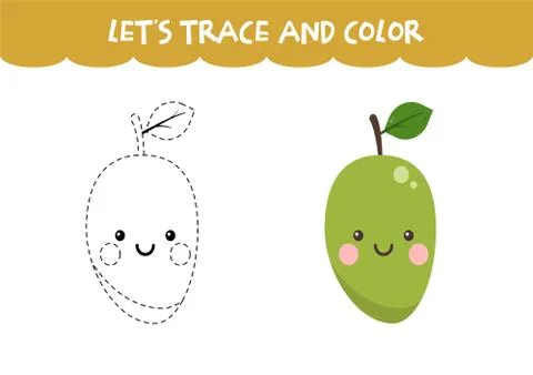 Trace and color cute Mango educational worksheet Stock Illustration