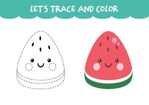 Trace and color cute Watermelon educational worksheet Stock Illustration