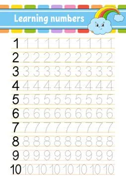 Trace and write numbers. Handwriting practice. Learning numbers for kids. Edu Stock Illustration