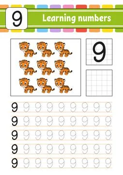 Trace and write numbers. Handwriting practice. Learning numbers for kids. Edu Stock Illustration
