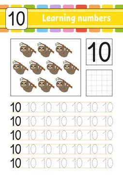 Trace and write numbers. Handwriting practice. Learning numbers for kids. Edu Stock Illustration