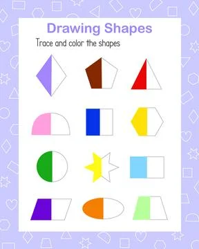 Trace, draw color geometry linear shapes handwriting practice vector illustra Stock Illustration