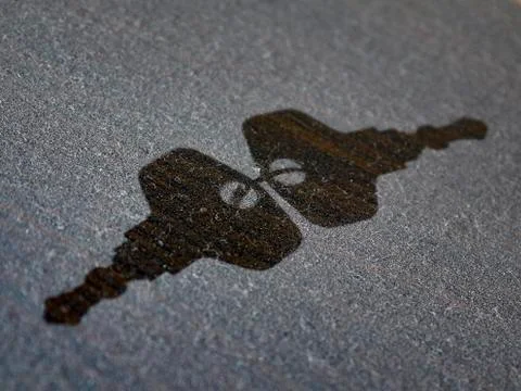 Trace of keys lying in the dust in the attic of the house. Stock Photos