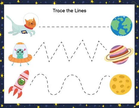 Trace lines from animals astronauts to the planets. Activity page for kids Stock Illustration