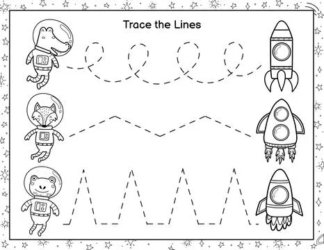 Trace lines from animals astronauts to the rockets. Coloring activity page for Stock Illustration