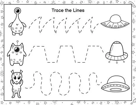 Trace lines from cute aliens to the flying saucers. Black and white activity Stock Illustration