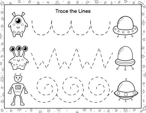 Trace lines from cute aliens to the flying saucers. Activity page for kids Stock Illustration