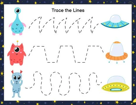 Trace lines from cute aliens to the flying saucers. Activity page for kids Stock Illustration