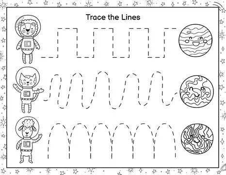 Trace lines from cute animals astronauts to the planets. Black and white Stock Illustration