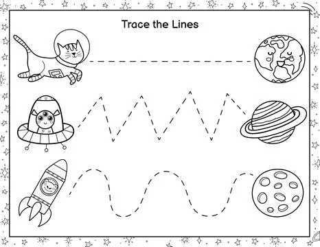 Trace lines from cute astronauts to the planets. Coloring activity page for kids Stock Illustration