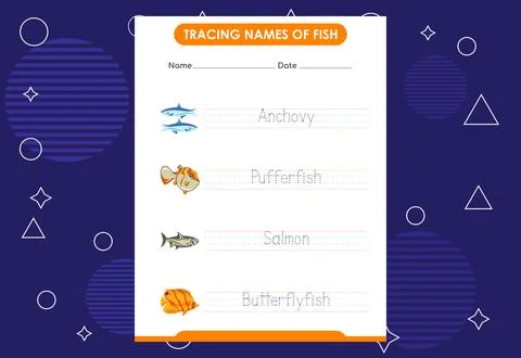Trace the names of fish. Handwriting practice for preschool kids Stock Illustration