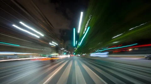 Trace of night city lights in full speed, time lapse with long exposure 4K Stock Footage 128014998