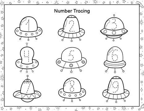 Trace numbers black and white activity page for kids. Space handwriting practice Stock Illustration