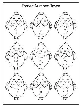 Trace numbers Easter worksheet with cute chicks. Handwriting practice activity Stock Illustration