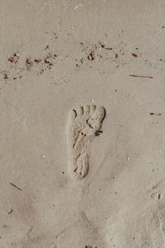 Trace on sand, Footprints in sand at the Beach Stock Photos