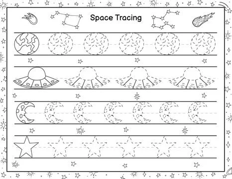 Trace space objects activity page for kids. Black and white handwriting practice Stock Illustration
