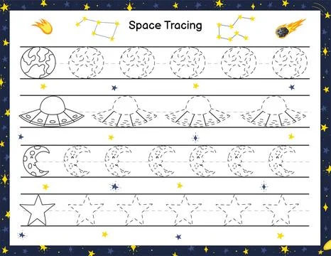 Trace space objects activity page for kids. Handwriting practice worksheet with Stock Illustration