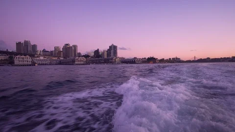 Trace tail of ferry wave on sea in sunset leaving Sydney Video stock 124980677