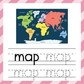 Trace the word - Map. Educational worksheet for kids. Tracing practice material Stock Illustration
