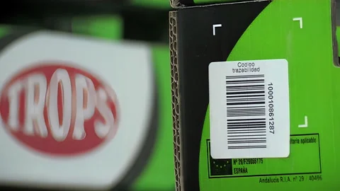 Traceability reader reading a code bar in industrial fruit packaging line Video stock 256915774