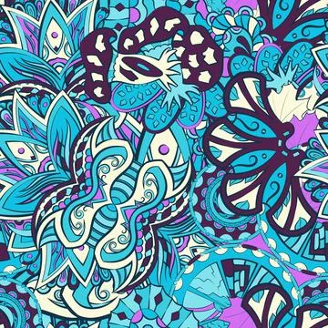 Tracery seamless pattern. Mehndi design. 7 colors. Ethnic doodle texture. Cur 스톡 일러스트
