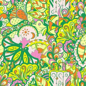 Tracery seamless pattern. Mehndi design. 6 colors. Ethnic doodle texture. Cur Stock Illustration