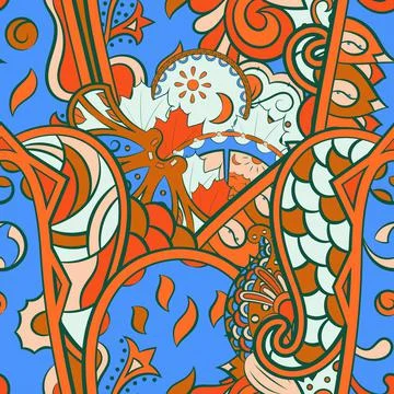 Tracery seamless pattern. Mehndi design. 7 colors. Ethnic doodle texture. Cur Stock Illustration