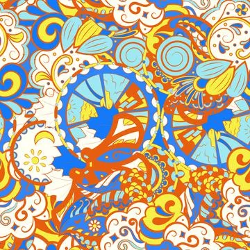 Tracery seamless pattern. Mehndi design. 6 colors. Ethnic doodle texture. Cur 스톡 일러스트