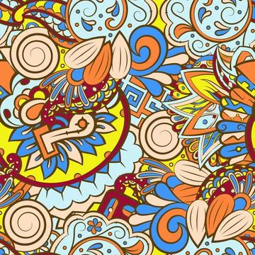 Tracery seamless pattern. Mehndi design. 7 colors. Ethnic doodle texture. Cur Stock Illustration