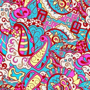 Tracery seamless pattern. Mehndi design. 6 colors. Ethnic doodle texture. Cur Stock Illustration