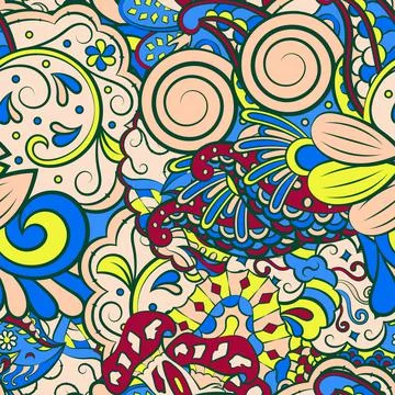 Tracery seamless pattern. Mehndi design. 7 colors. Ethnic doodle texture. Cur 스톡 일러스트