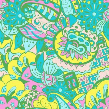 Tracery seamless pattern. Mehndi design. 6 colors. Ethnic doodle texture. Cur 스톡 일러스트