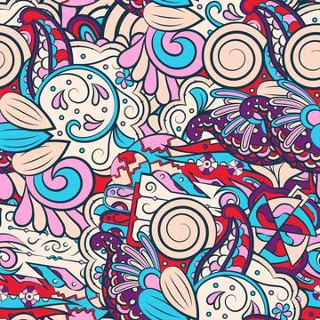 Tracery seamless pattern. Mehndi design. 7 colors. Ethnic doodle texture. Cur 스톡 일러스트