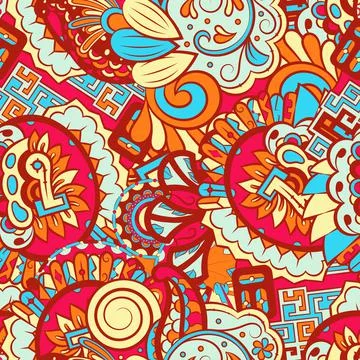 Tracery seamless pattern. Mehndi design. 6 colors. Ethnic doodle texture. Cur イラスト素材