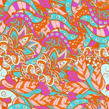 Tracery seamless pattern. Mehndi design. 6 colors. Ethnic doodle texture. Cur Stock Illustration