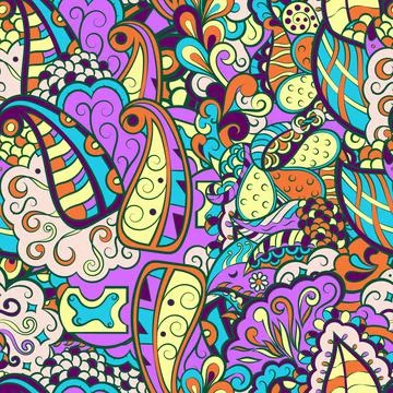 Tracery seamless pattern. Mehndi design. 7 colors. Ethnic doodle texture. Cur 스톡 일러스트