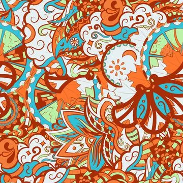 Tracery seamless pattern. Mehndi design. 6 colors. Ethnic doodle texture. Cur 스톡 일러스트