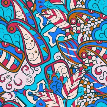 Tracery seamless pattern. Mehndi design. 7 colors. Ethnic doodle texture. Cur Stock Illustration