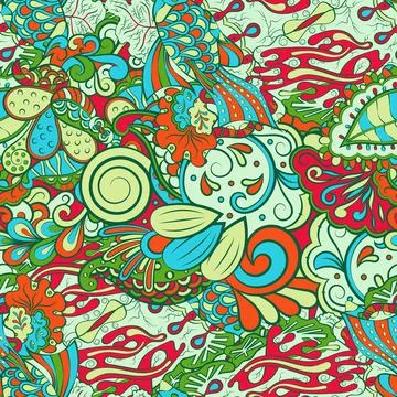 Tracery seamless pattern. Mehndi design. 7 colors. Ethnic doodle texture. Cur Stock Illustration